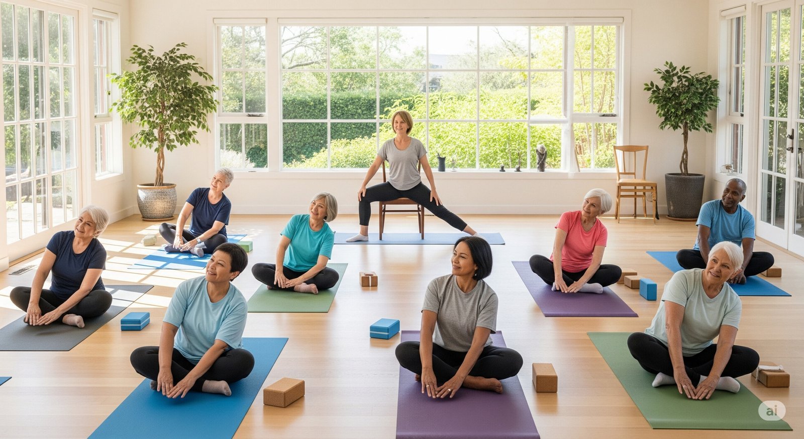 Seniors enjoying a gentle yoga class together.
