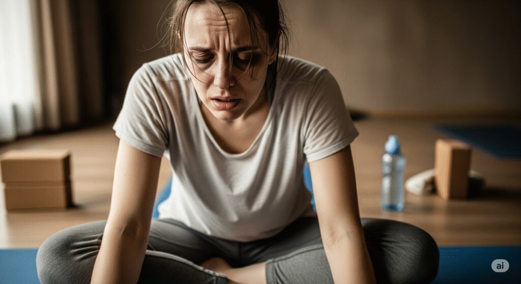 Side effects of Kundalini yoga: A practitioner feeling the psychological and physical impact after an intense yoga session.