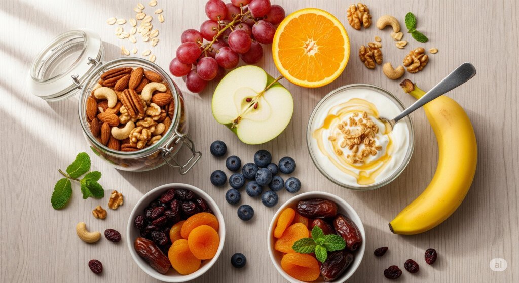 Healthy snacks like nuts and fruit, illustrating how to choose energy-boosting snacks instead of empty calories