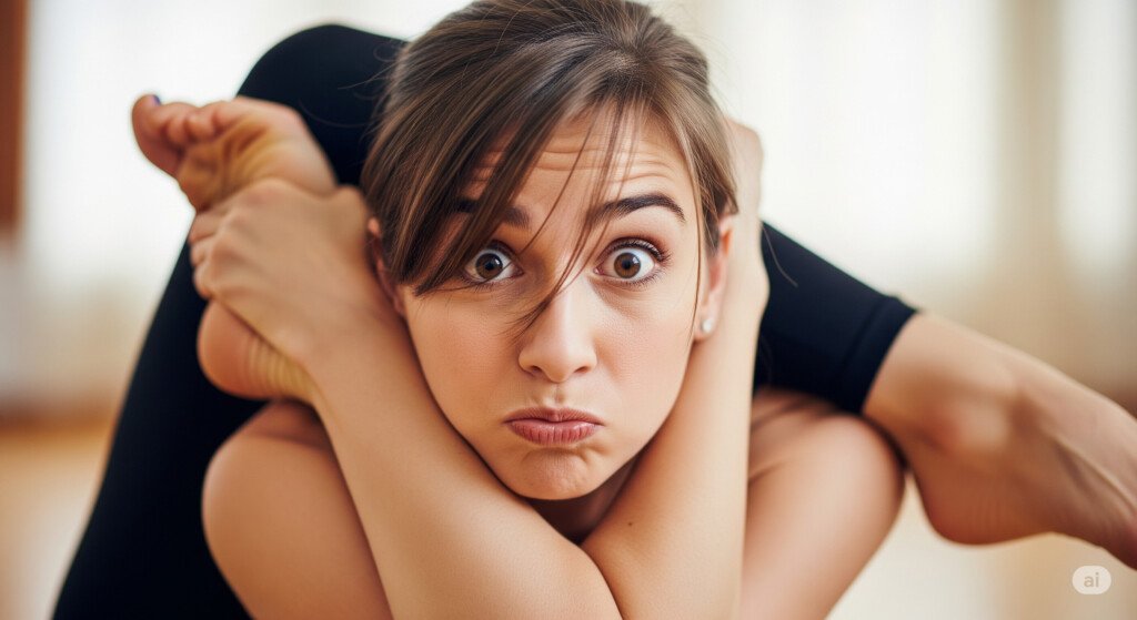 Person in a twisted yoga pose looking confused, resembling a pretzel shape
