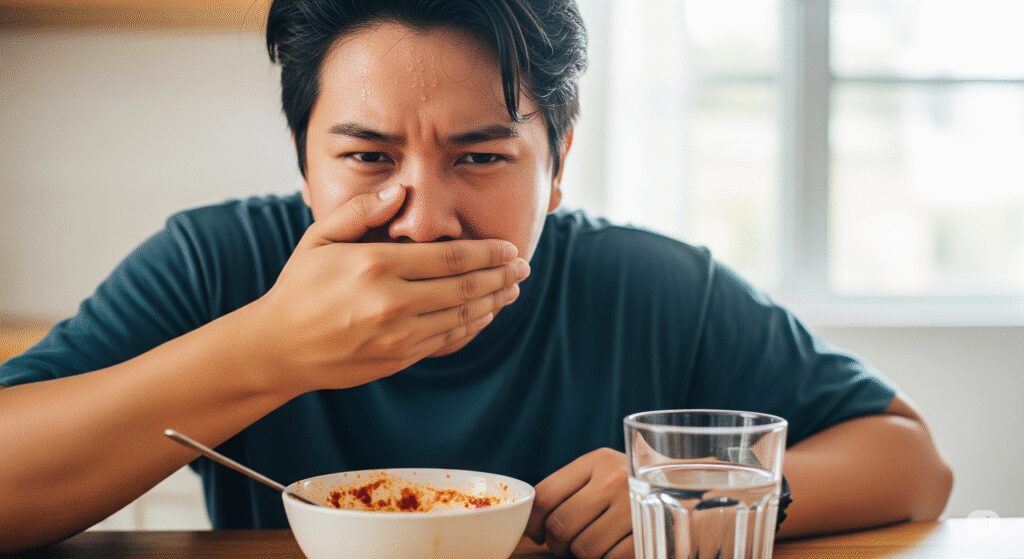 Person holding their mouth while eating spicy food, experiencing pain in the roof of the mouth.