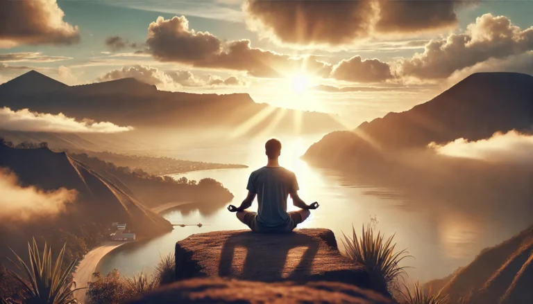 A person practicing yoga outdoors at sunrise on a cliffside, symbolizing the universal and peaceful nature of yoga. The calm surroundings represent yoga’s ability to promote mental clarity, physical well-being, and spiritual balance, transcending religious boundaries