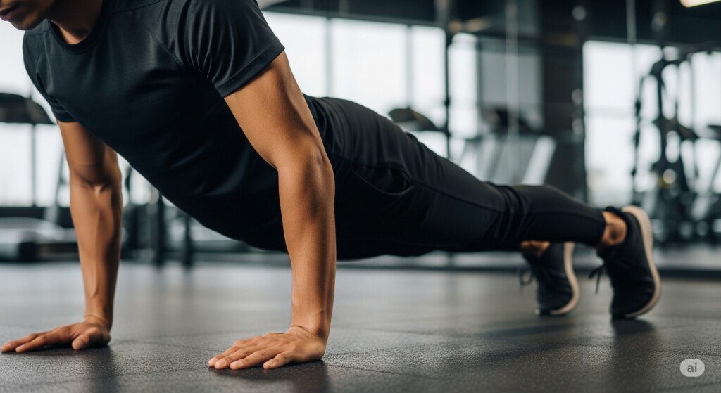 Chaturanga pose in beginner power yoga for arm and core strength