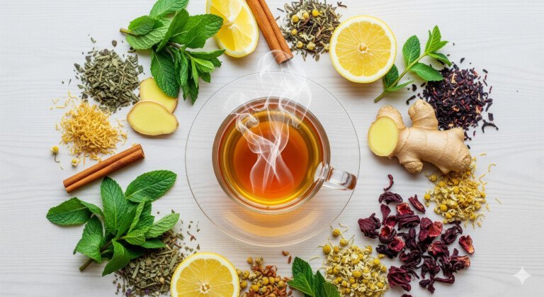 A vibrant flat lay photo of a steaming cup of herbal tea surrounded by various fresh, natural ingredients like ginger, cinnamon, lemon, and mint, symbolizing the healthy and flavorful journey of using herbal teas for weight loss