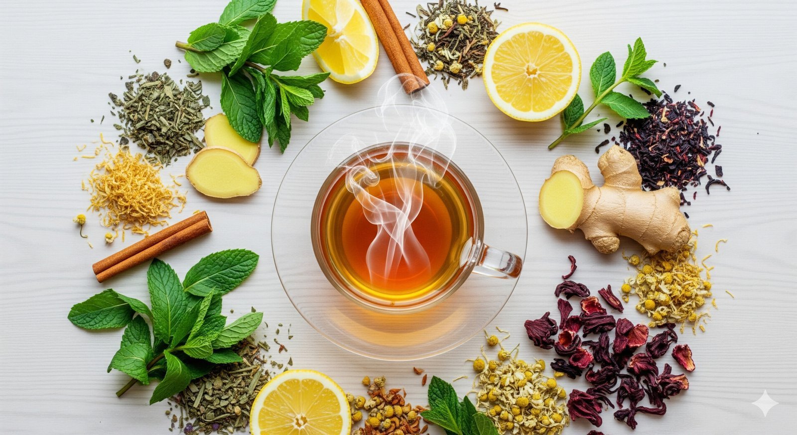 A vibrant flat lay photo of a steaming cup of herbal tea surrounded by various fresh, natural ingredients like ginger, cinnamon, lemon, and mint, symbolizing the healthy and flavorful journey of using herbal teas for weight loss