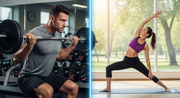 comparing the key differences in weight loss for men and women. The left side shows a male figure lifting weights, and the right side shows a female figure practicing yoga, with a dividing line to represent the different approaches to fitness.