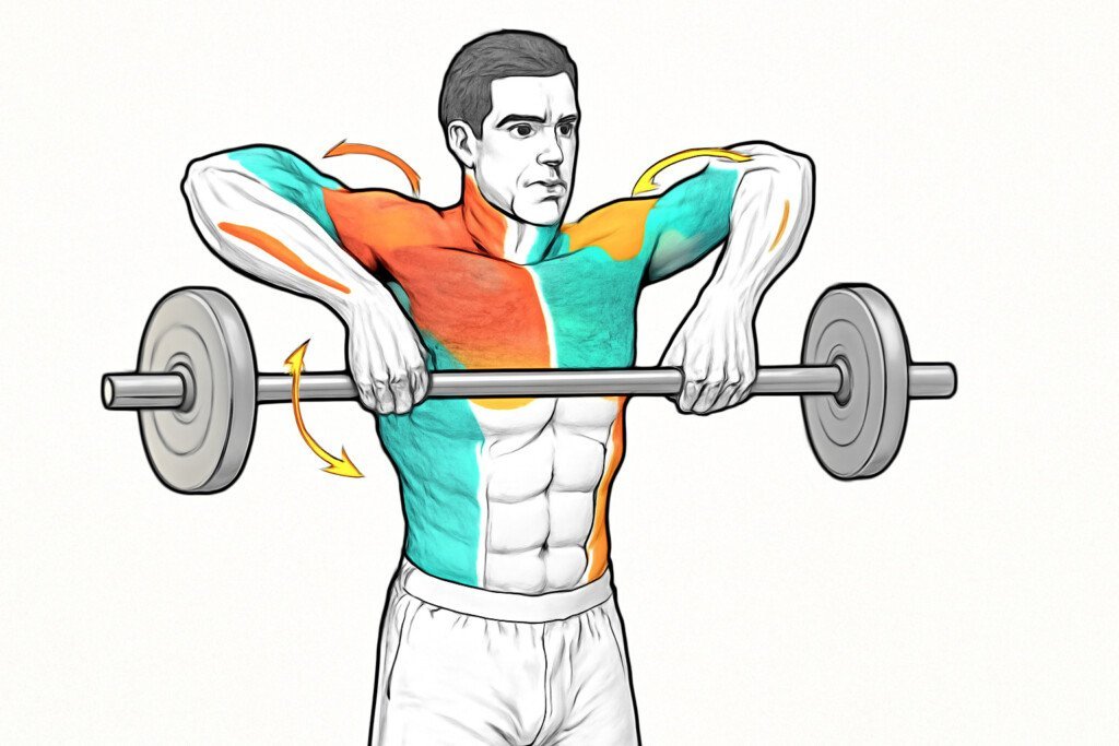 Person performing an upright row exercise, highlighting the deltoids, trapezius, biceps, and forearms muscles worked during the movement.