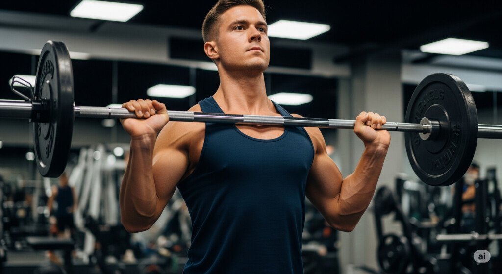 visual guide demonstrating how to perform an upright row with correct form, focusing on the elbow position and controlled movement.