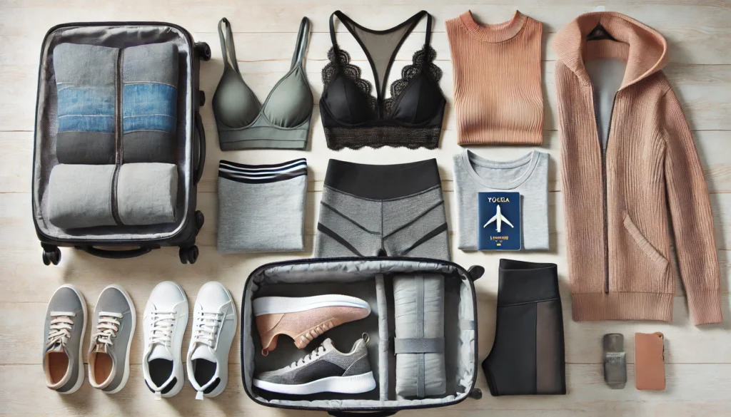 A person packing versatile yoga clothes for travel.