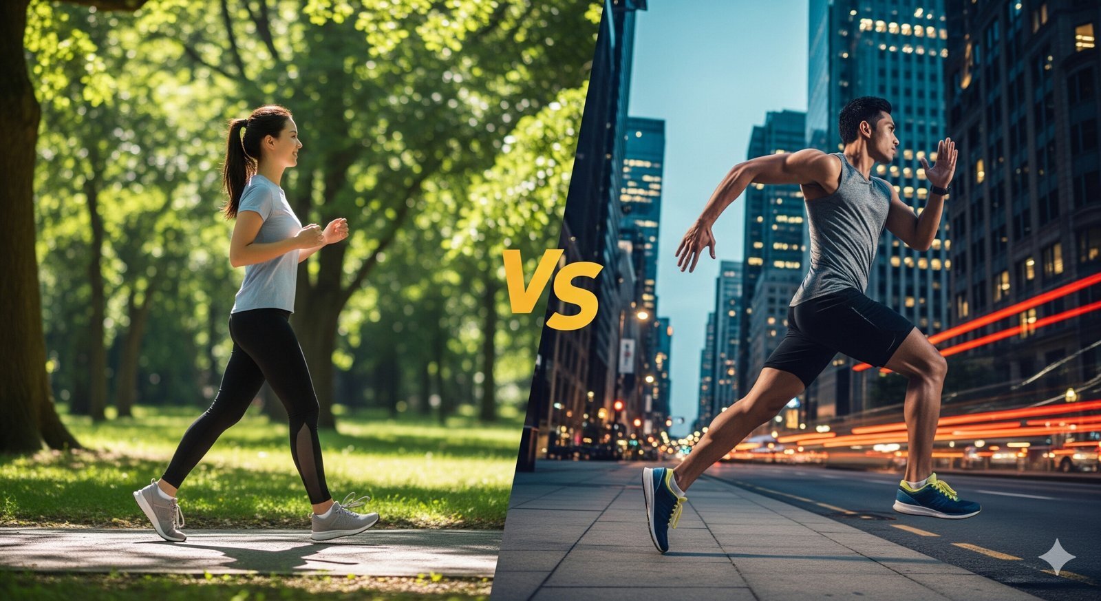 A dynamic split image comparing a woman walking in a park on the left with a man running in a city on the right, with a large "VS" in the center, representing the debate between the two activities for weight loss.