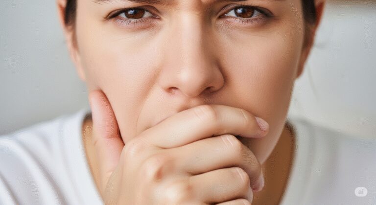 A close-up image of someone holding their hand to their mouth with a slight wince, indicating discomfort.