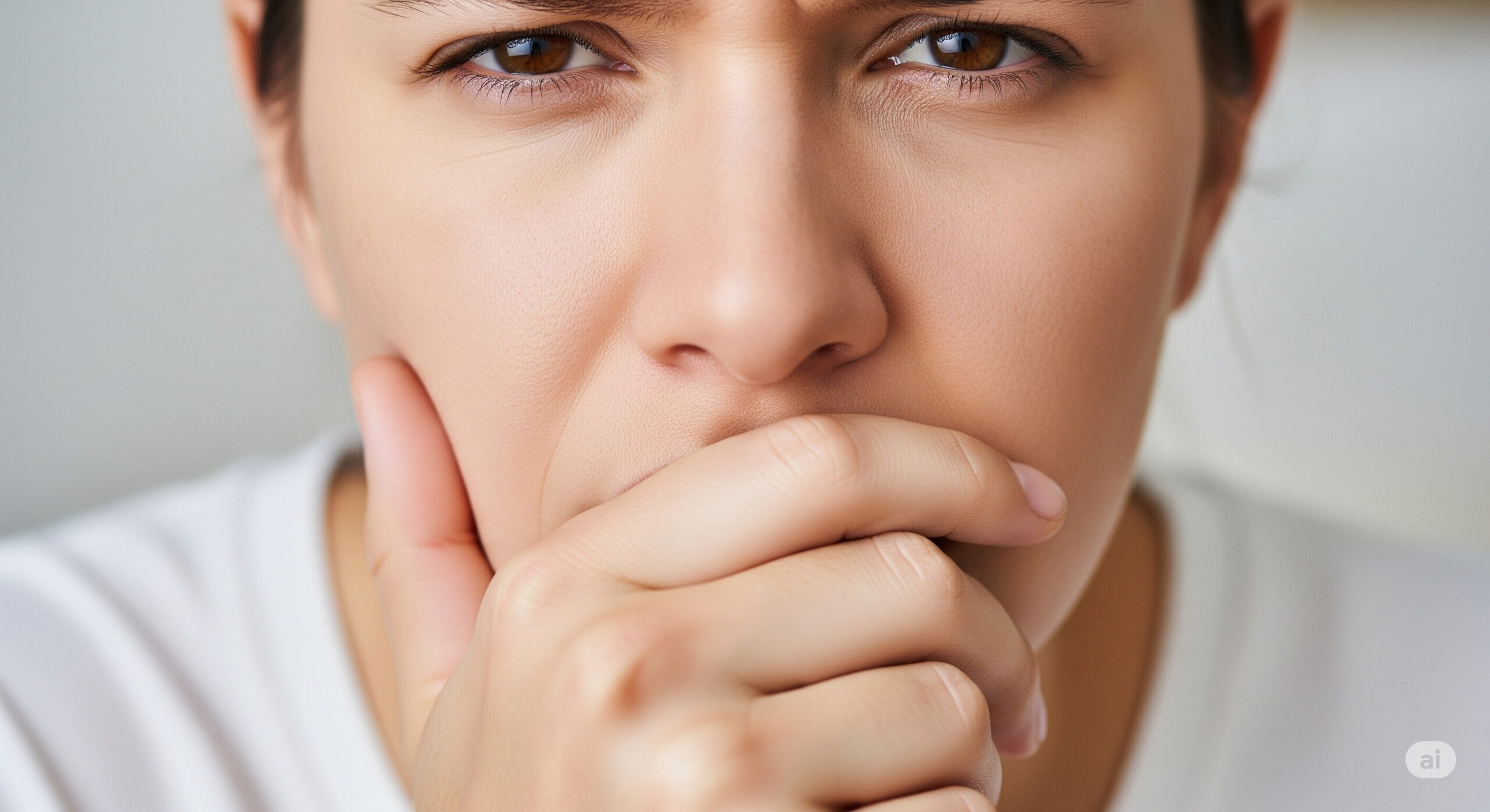 A close-up image of someone holding their hand to their mouth with a slight wince, indicating discomfort.