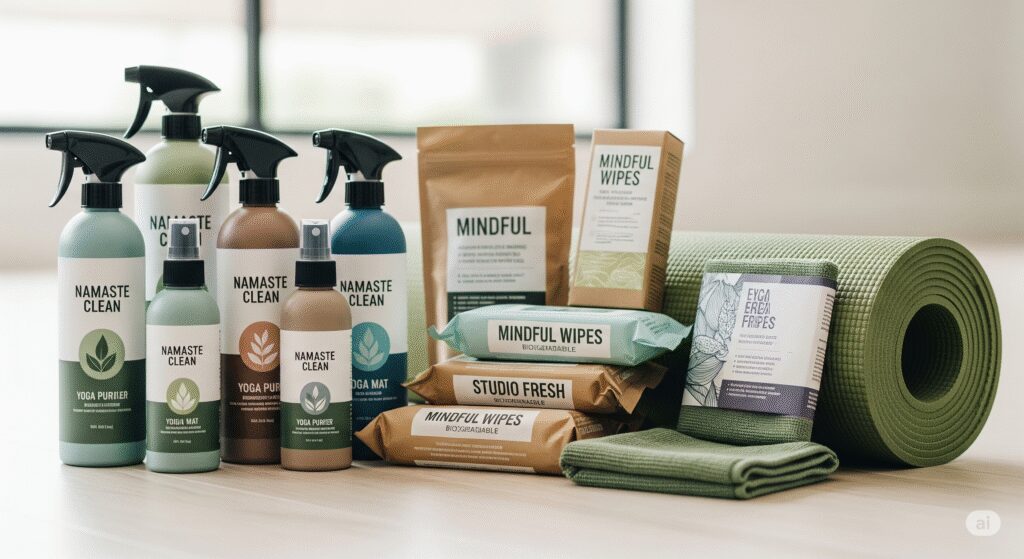 How to clean yoga mat: Eco-friendly cleaning products arranged next to a yoga mat, perfect for maintaining a clean and fresh practice space.