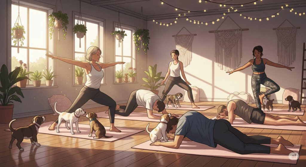 A cozy yoga studio with people practicing yoga and playful puppies walking around on pink yoga mats. puppies and yoga