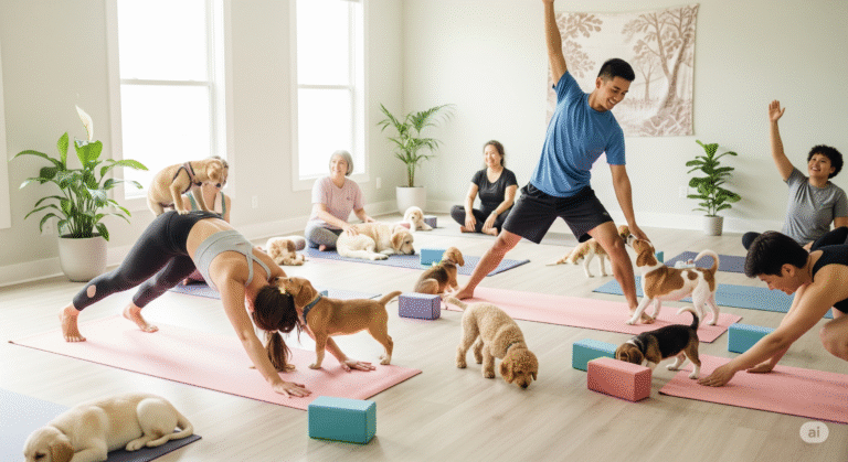 A joyful puppy yoga session with playful puppies interacting with participants on pink yoga mats in a serene, sunlit studio.