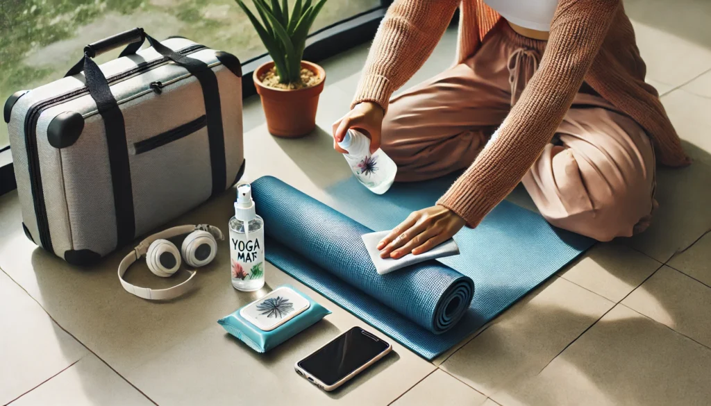 A person using a yoga mat cleaner spray to clean a yoga mat after practice.
