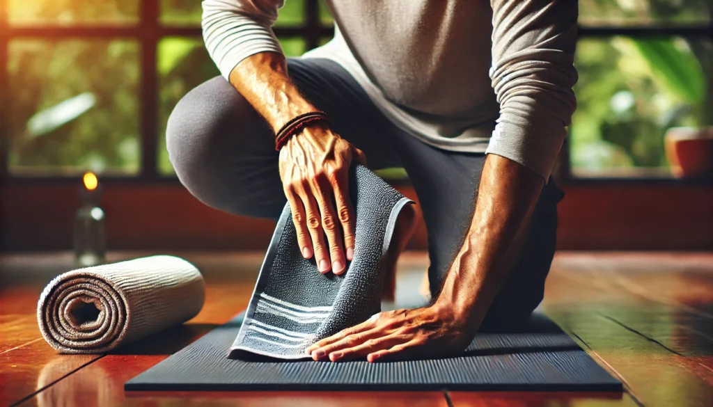 A person using a yoga towel to wipe down their mat during a yoga practice for added grip and cleanliness.