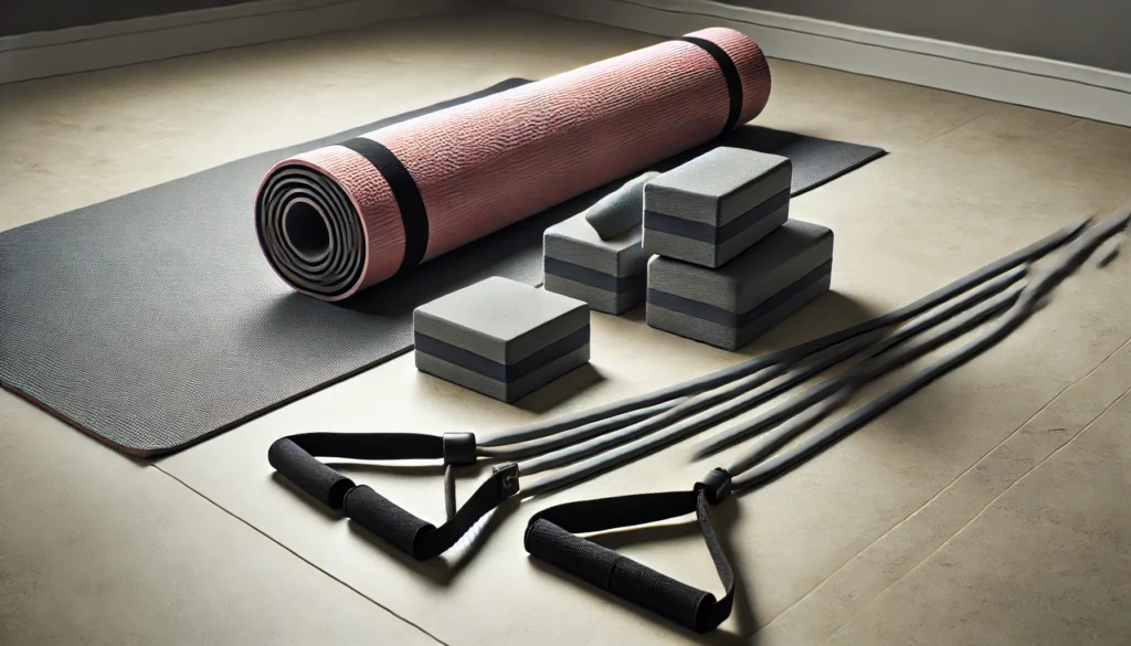 Yoga blocks and resistance bands next to a yoga mat, ideal for adding support and variety to your practice on the go.