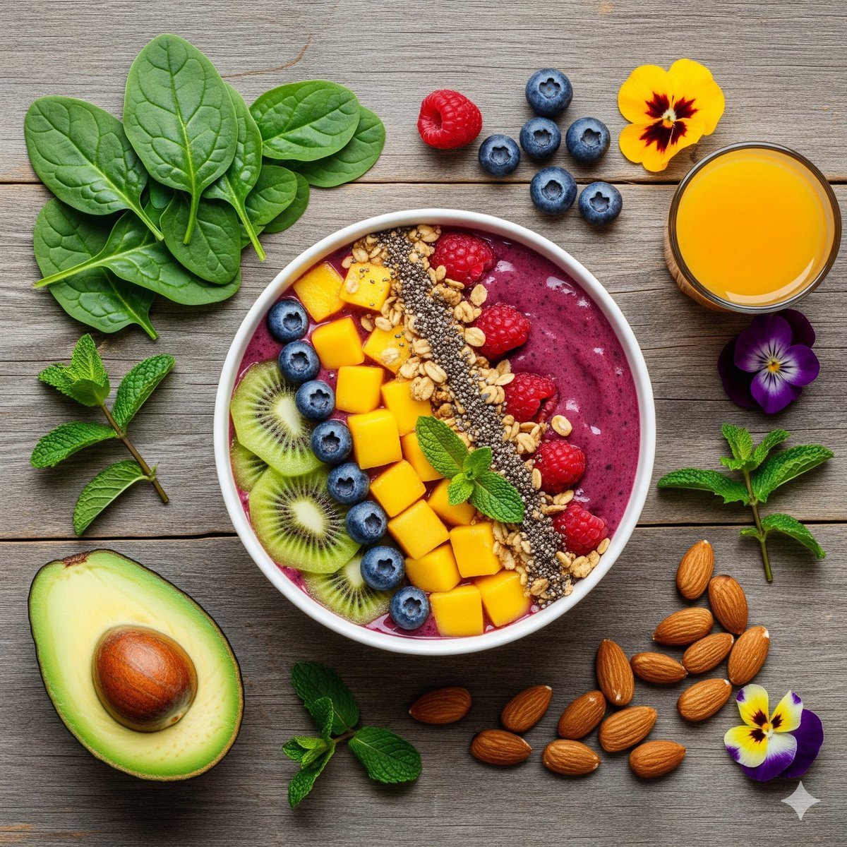 Colorful flat lay of a healthy meal, styled for Pinterest inspiration.