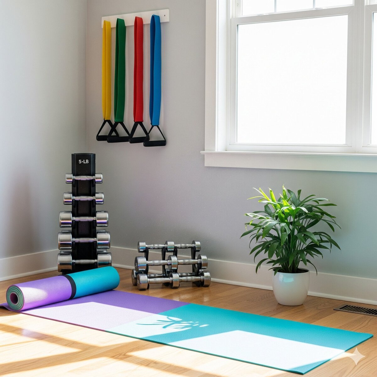 Home workout setup with yoga mat, dumbbells, and resistance bands for fitness essentials.