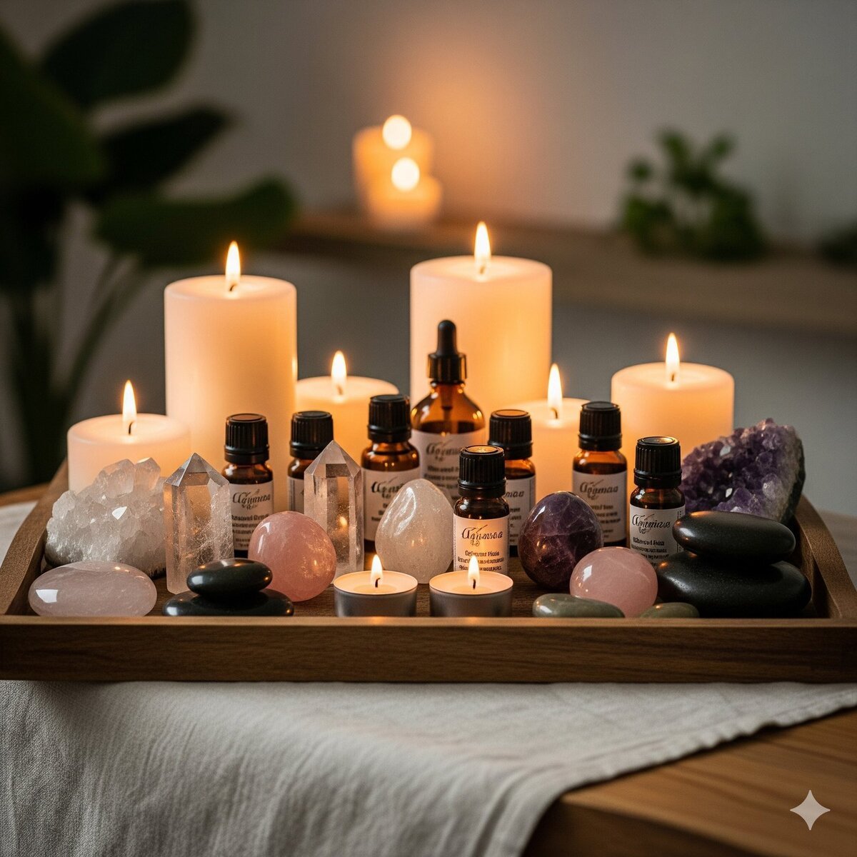 Holistic healing setup with candles, essential oils, and crystals for relaxation and wellness.
