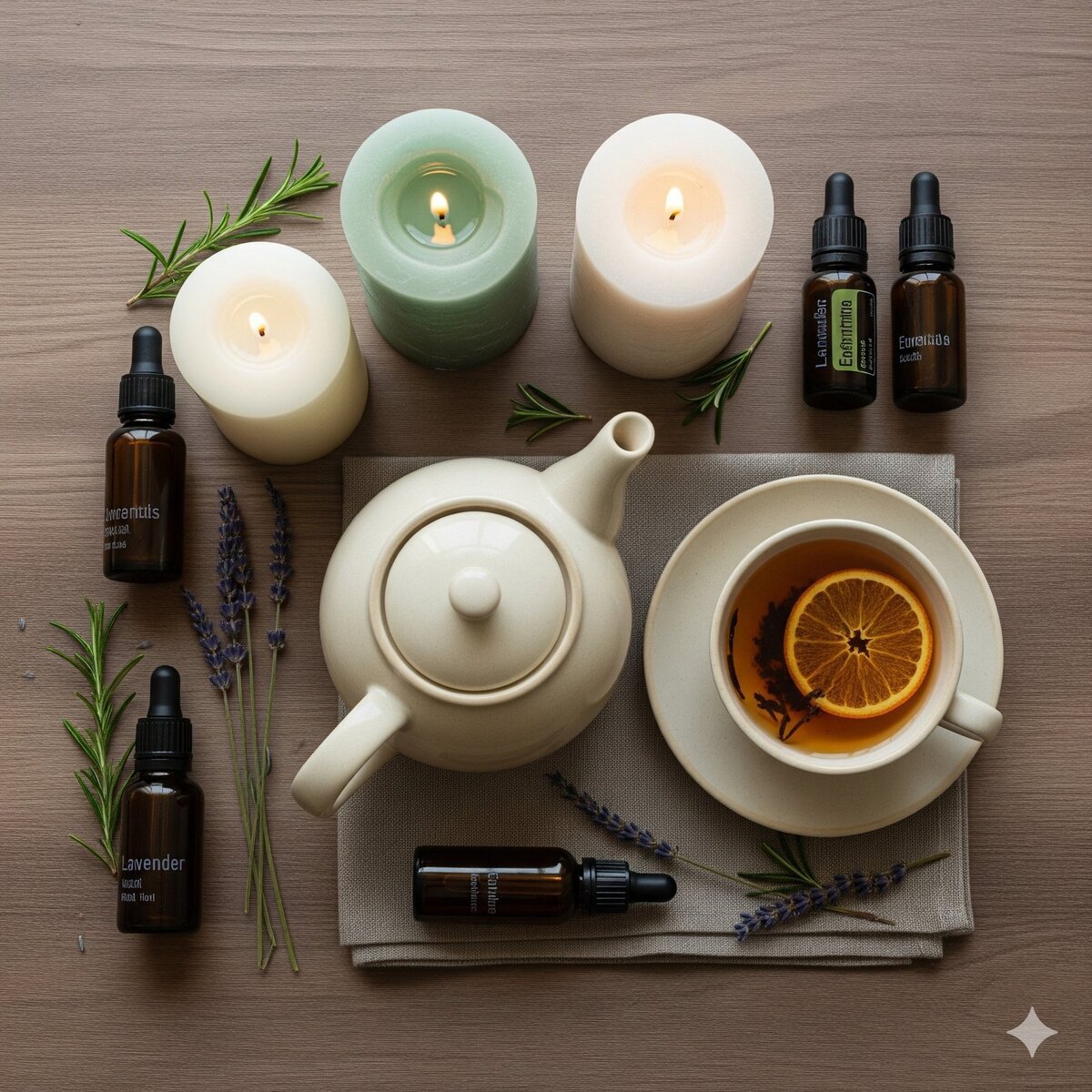Holistic healing setup with candles, herbal tea, and essential oils for natural wellness.