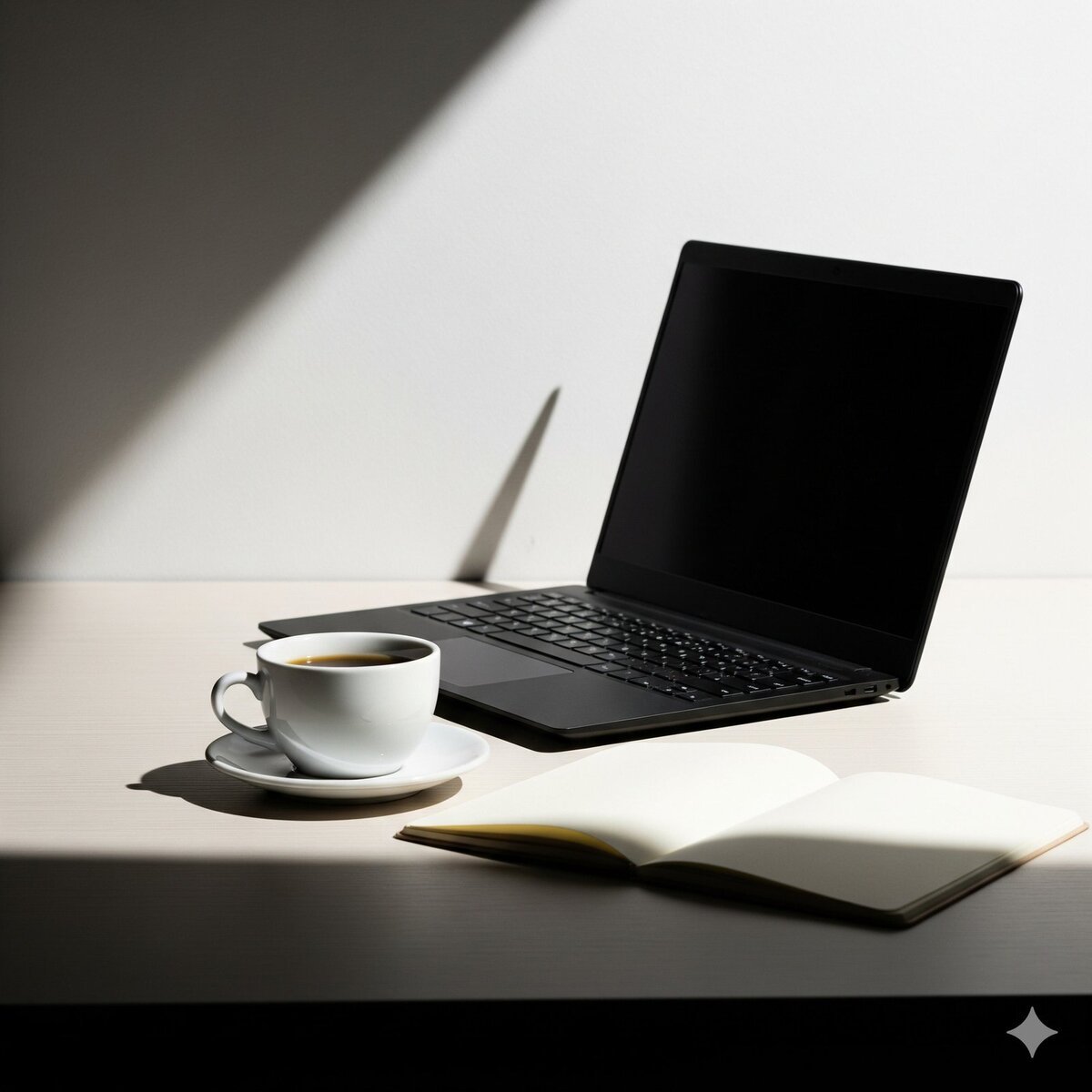 Minimalist desk setup with coffee, notebook, and laptop for quick lifestyle updates on X.