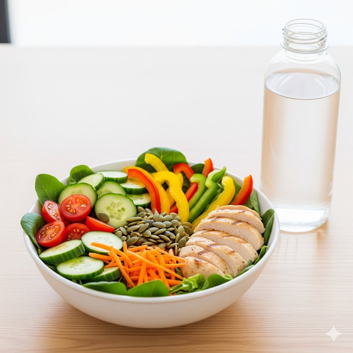 Healthy salad bowl with vegetables, lean protein, and water bottle for sustainable weight loss.