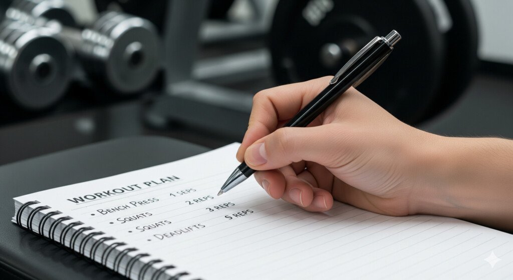 A person's hand writing a strength training workout plan in a notebook with gym equipment in the background.