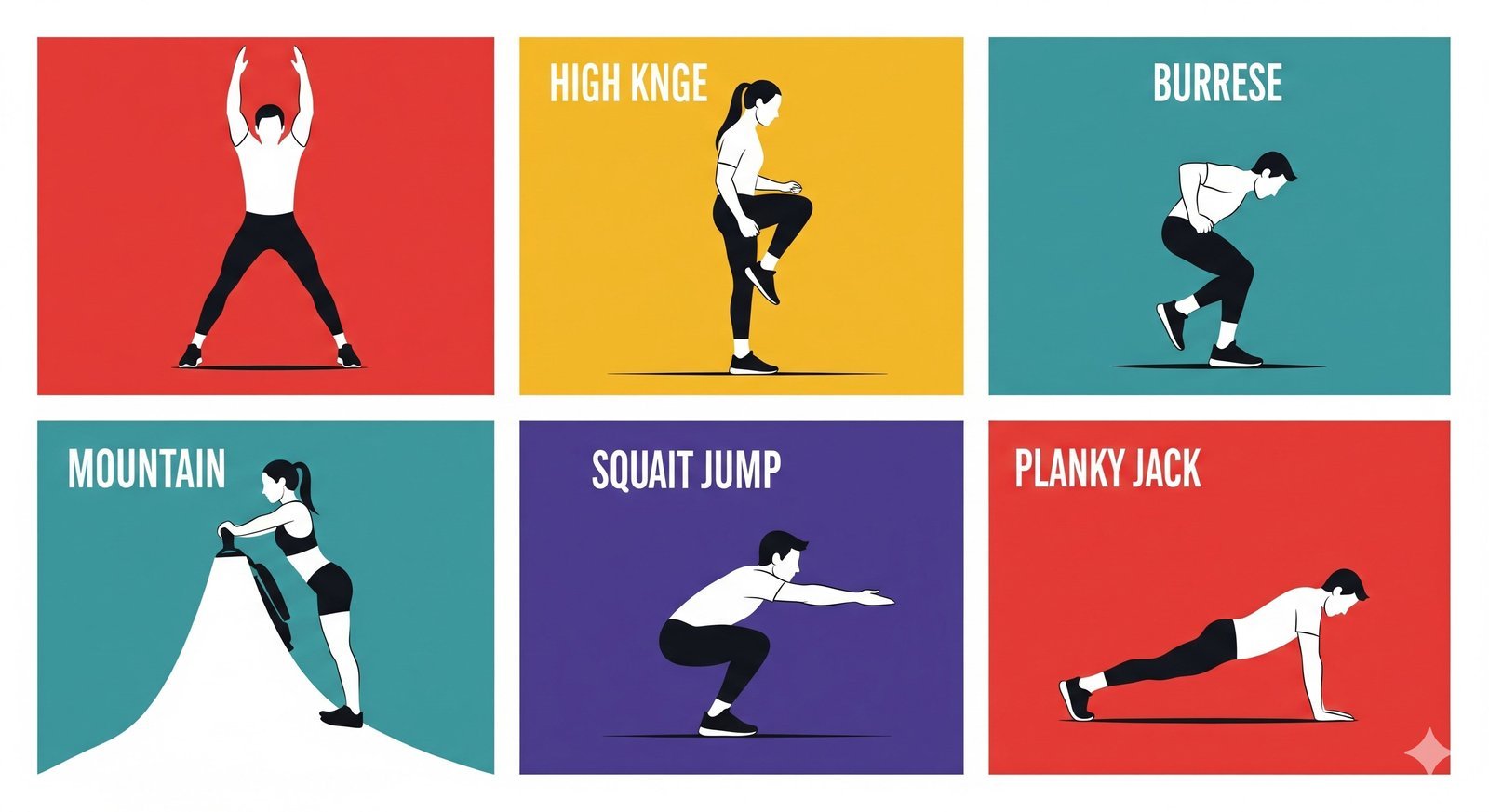 A collage of images showcasing key bodyweight HIIT exercises, including jumping jacks, high knees, burpees, and mountain climbers.