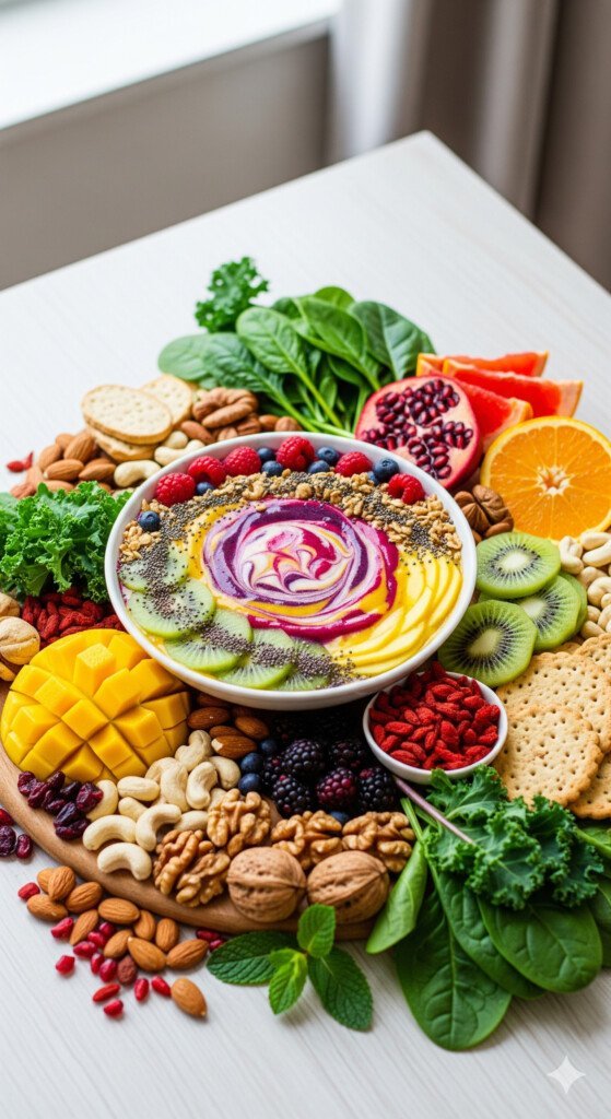 Colorful healthy snack board with fruits, nuts, and smoothie bowl for energy and weight loss
