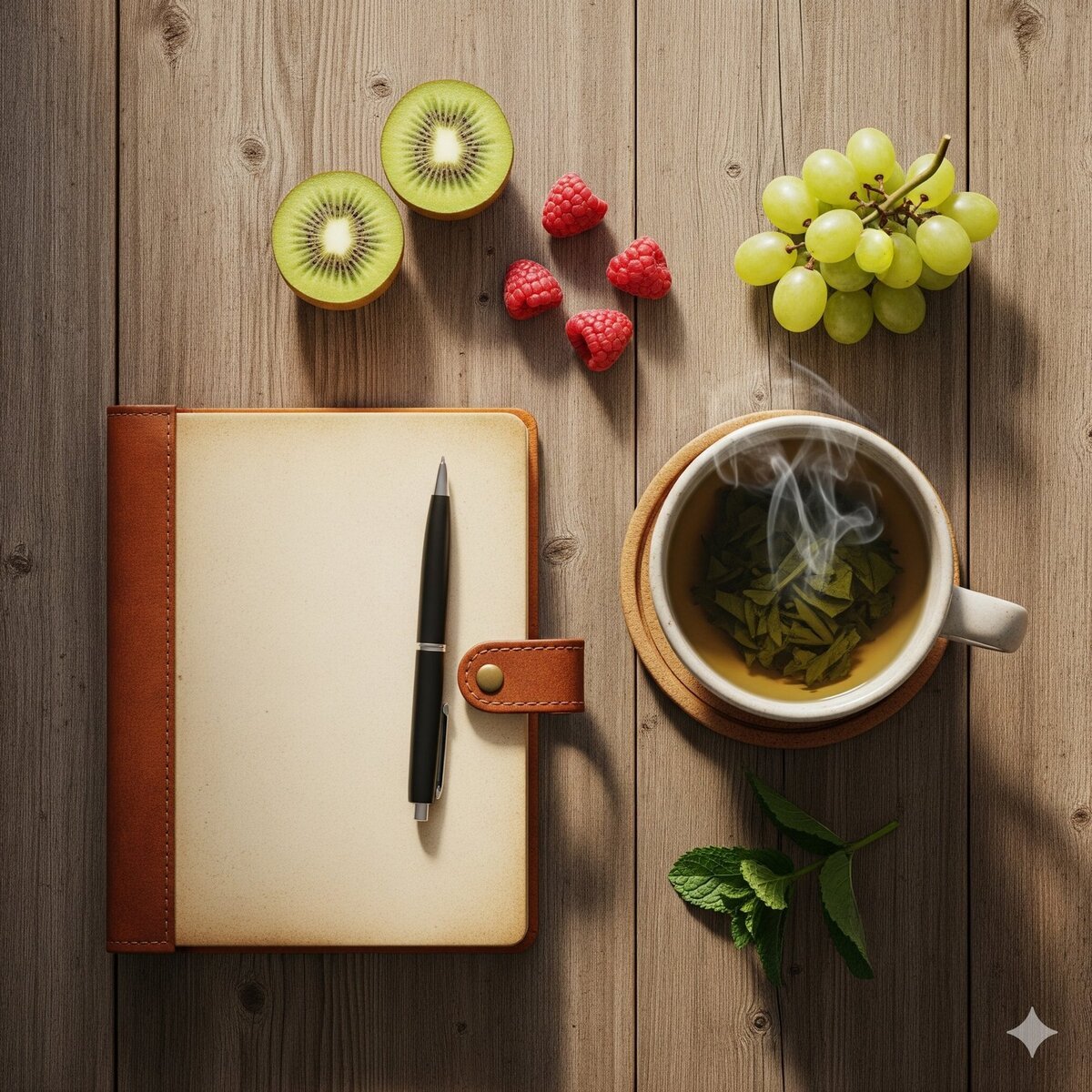 Balanced lifestyle setup with tea, journal, and fresh fruit for healthy living.