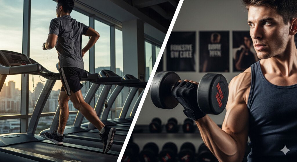 A side-by-side comparison of a person running on a treadmill and another person lifting weights, illustrating the difference between cardio and strength training.