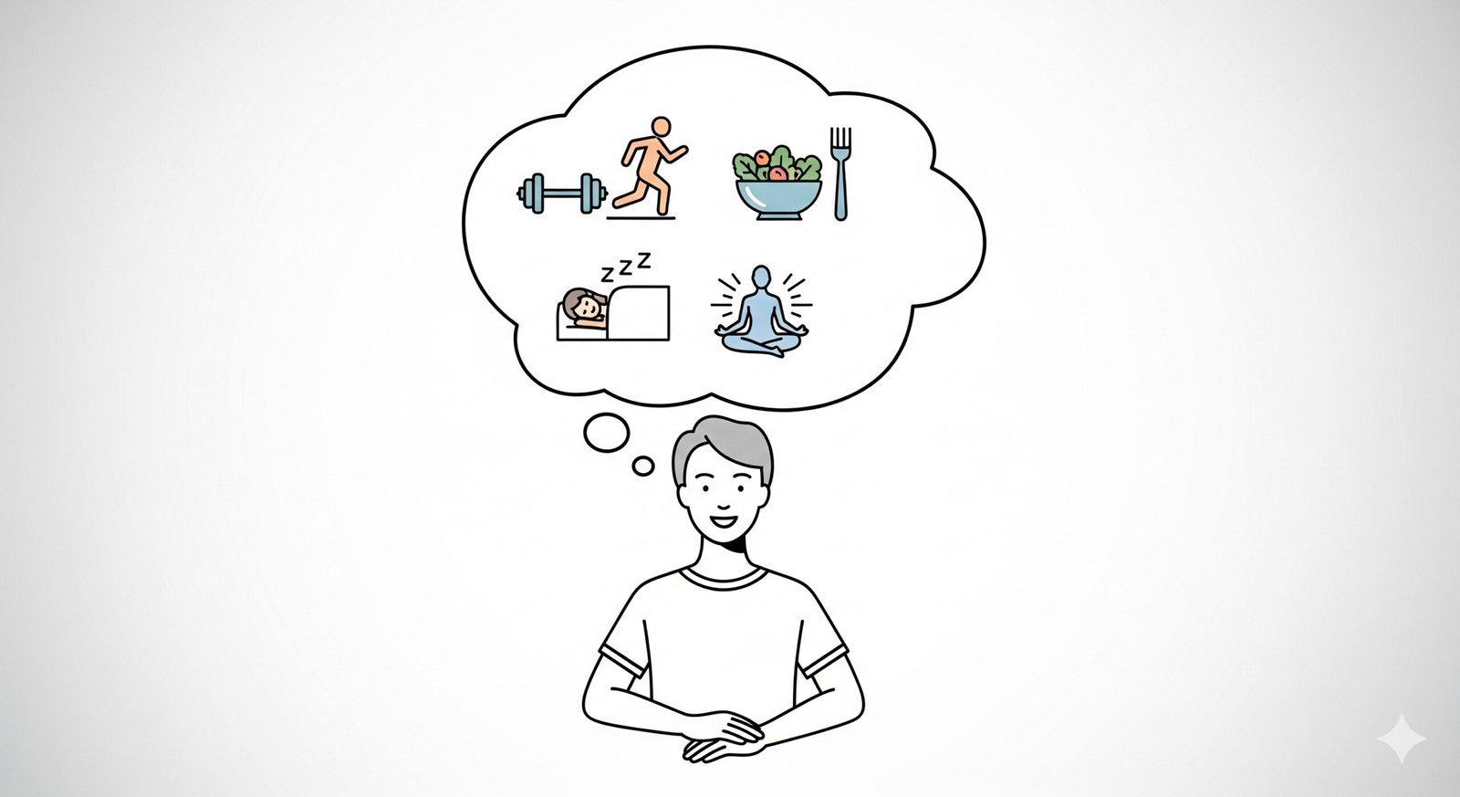 A symbolic image of a person thinking about various healthy habits: exercise, nutritious food, good sleep, and stress reduction, illustrating a holistic approach to maximizing weight loss results.
