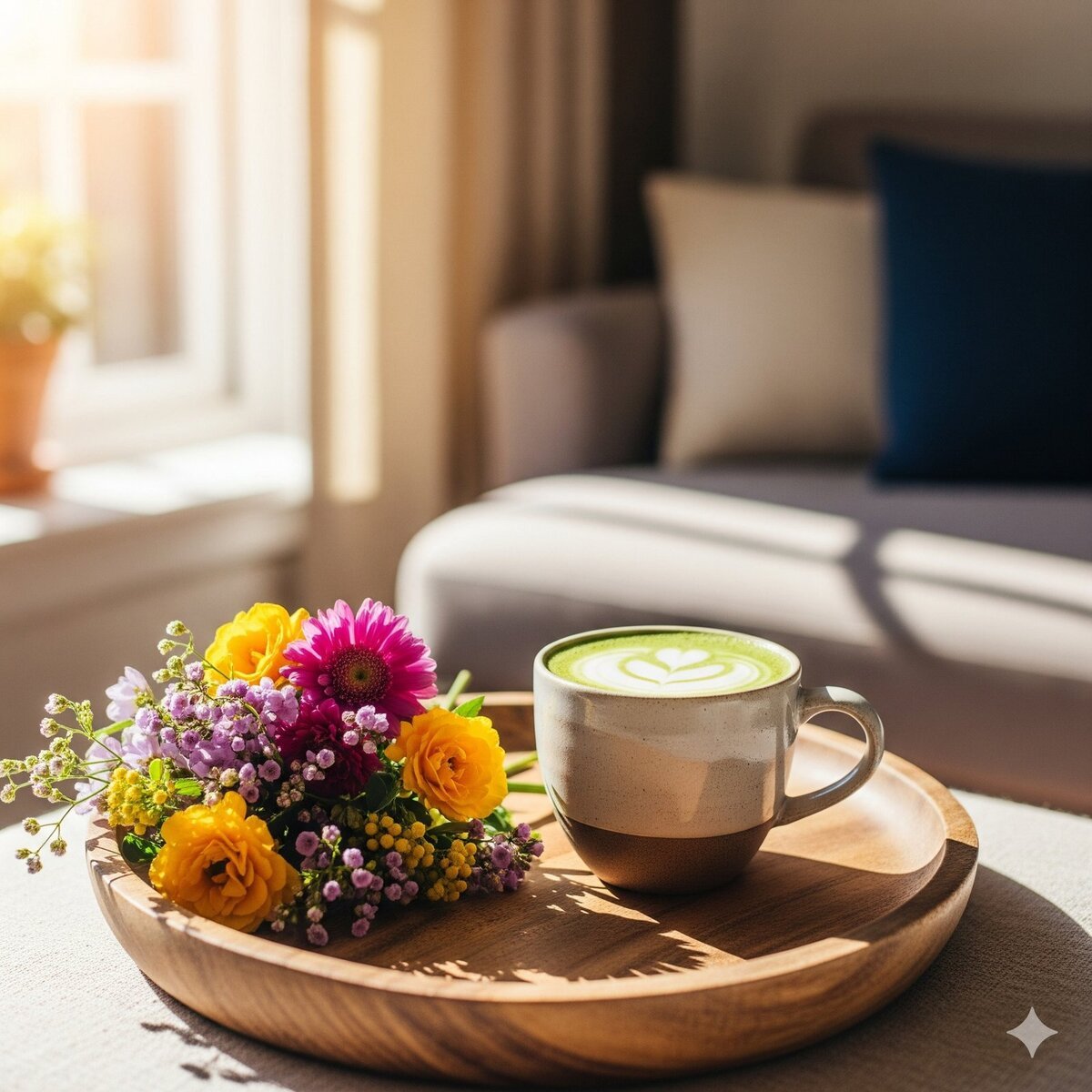 Bright lifestyle photo with flowers and a wellness drink, styled for Instagram aesthetics.