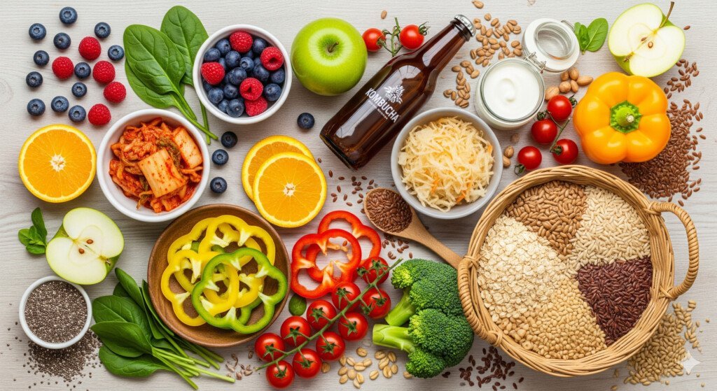 A colorful arrangement of healthy foods that support a healthy gut microbiome, including fruits, vegetables, and fermented items, for gut microbiome weight loss.