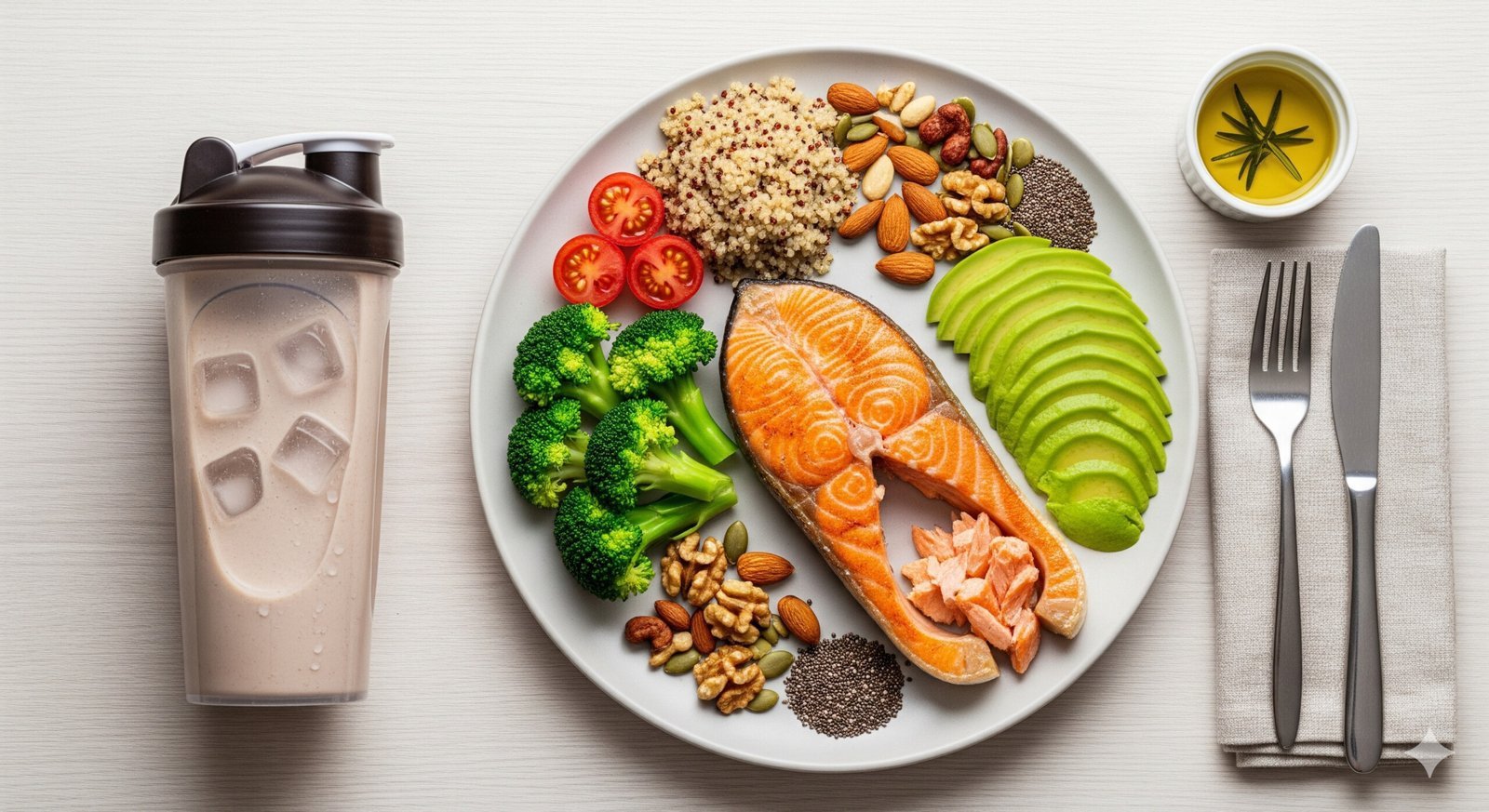 An assortment of healthy foods like chicken, brown rice, and vegetables, representing proper nutrition for muscle gain and fat loss.