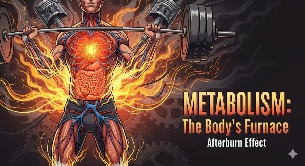 An illustration showing the metabolic "afterburn" effect of strength training, with energy lines radiating from a person lifting a dumbbell.