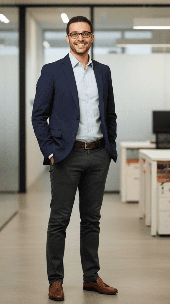 Full-body image of Michael K. Brown in business-casual attire, smiling confidently in an office-like setting.