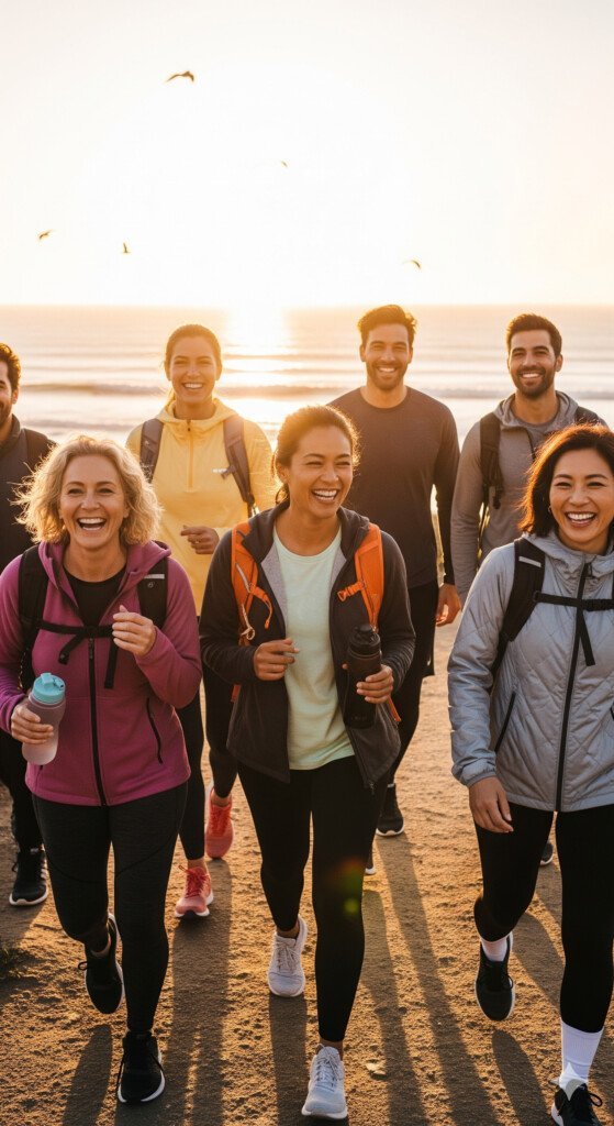 Smiling woman walking outdoors in fitness wear, showing confidence and wellness lifestyle