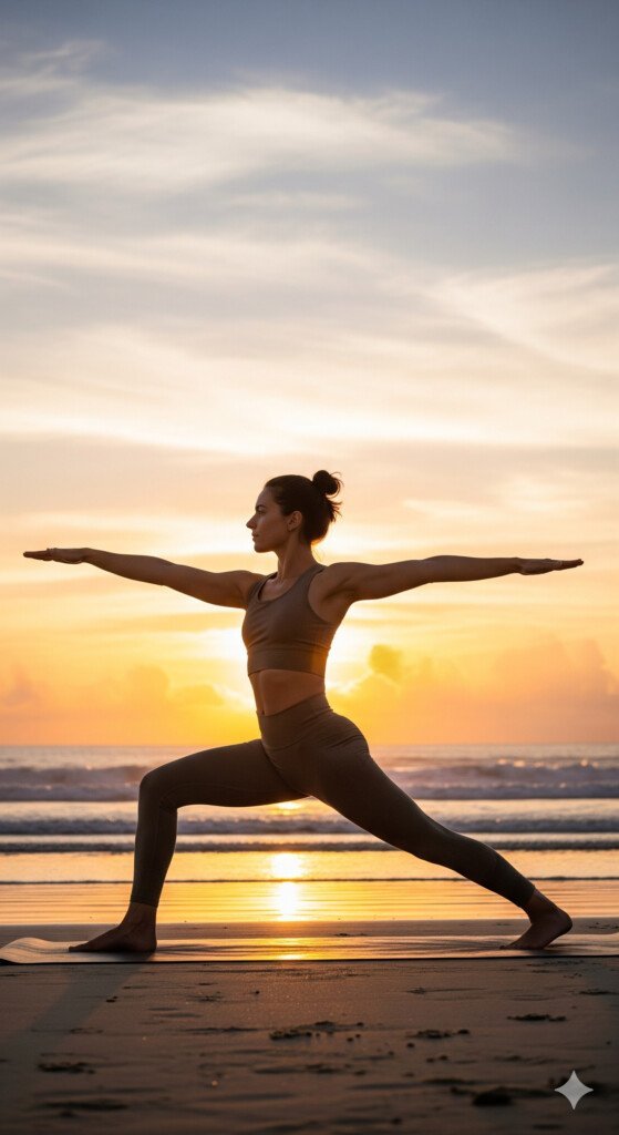Person practicing yoga outdoors at sunrise for fitness, weight loss, and mindful living