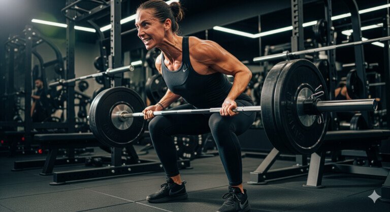A person performing a heavy barbell deadlift in a gym, demonstrating strength and focus for fat loss.