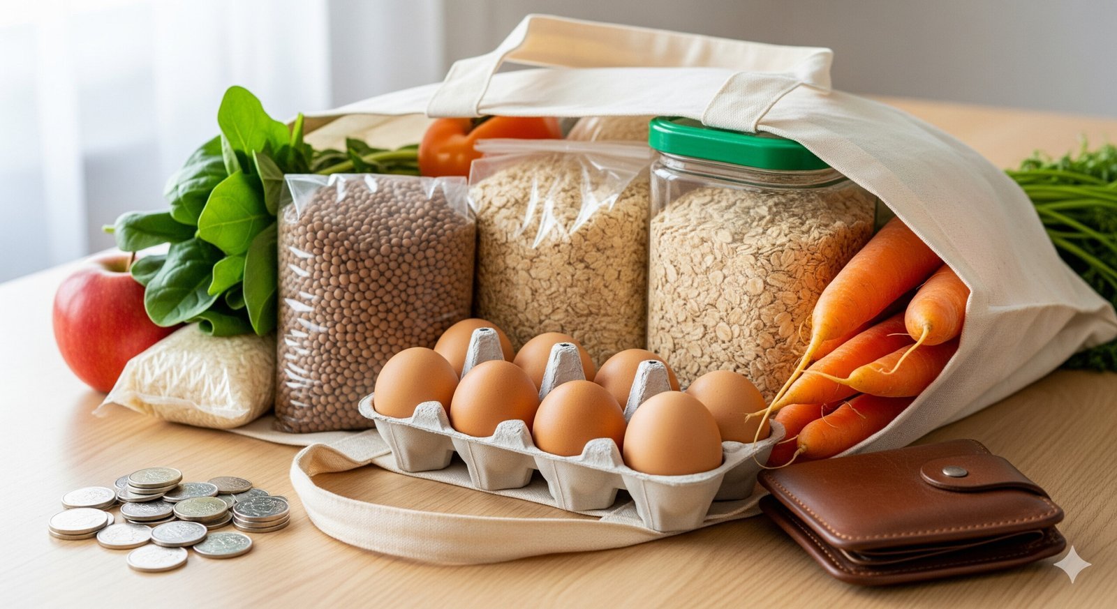 A visual representation of a grocery haul of cheap foods for weight loss, including pantry staples and fresh produce, to symbolize eating healthy on a budget.