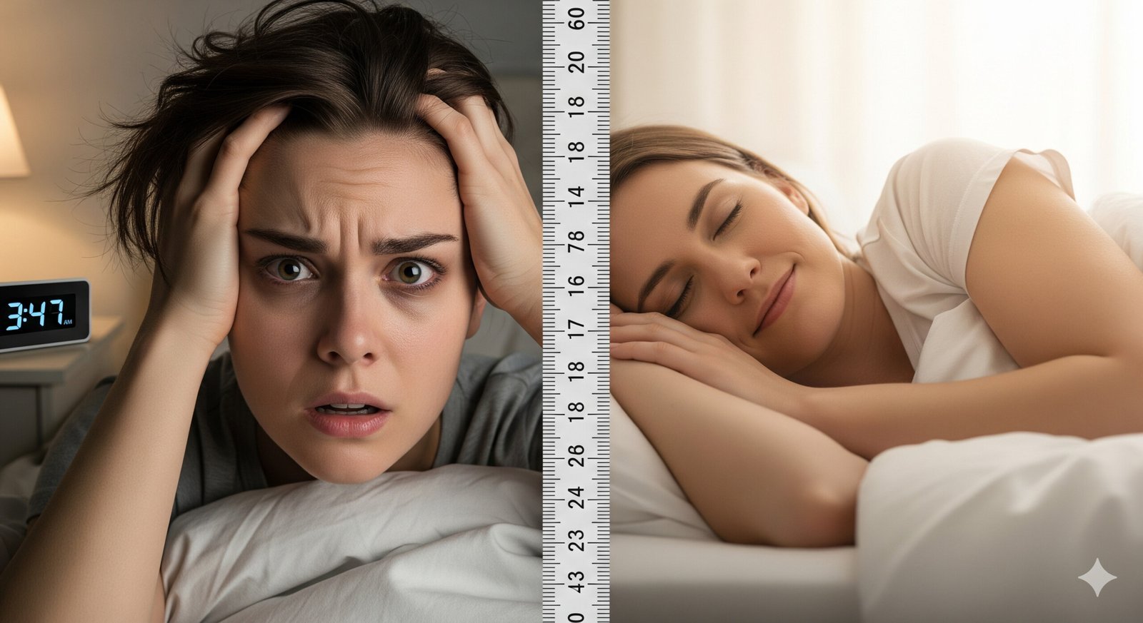 A visual contrasting a person's sleepless, stressed night with restful sleep, highlighting the link between stress, sleep, and fat loss.