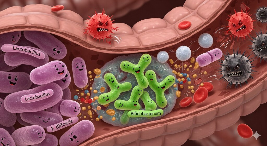 A detailed illustration of the human gut microbiome, showing a diverse community of gut bacteria.