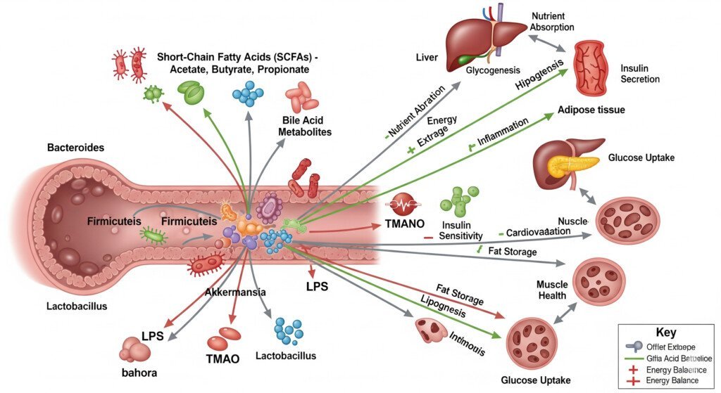 A diagram illustrating the role of gut bacteria and metabolism, showing how microbes influence fat storage and energy.