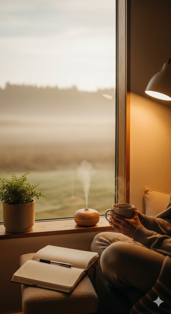 Woman enjoying morning self-care routine with tea and journal by the window, promoting calmness and balance