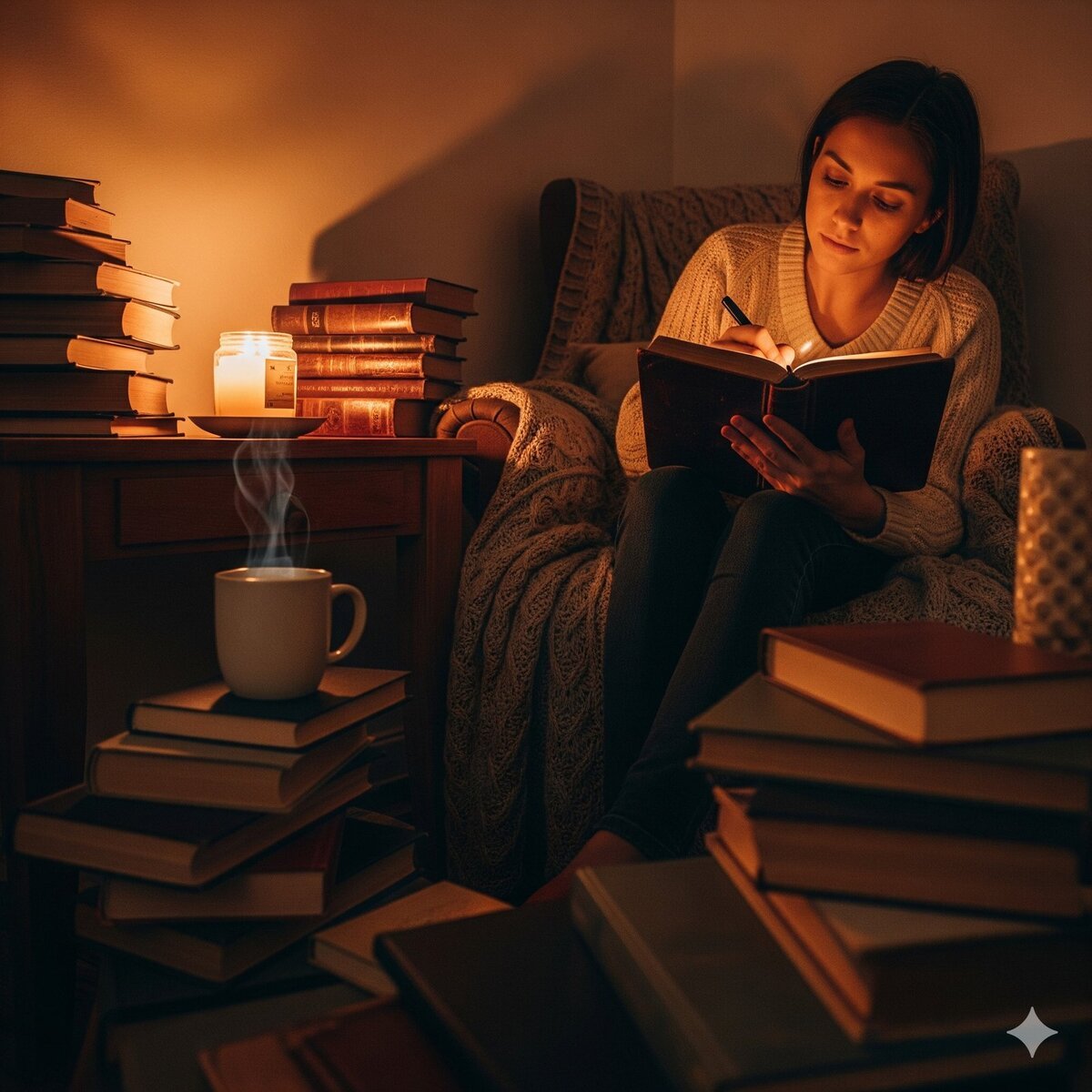 Moody aesthetic scene with journal, candlelight, and books for Tumblr inspiration.