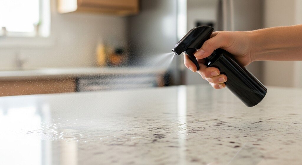 Using peppermint oil spray to repel ants naturally in the kitchen