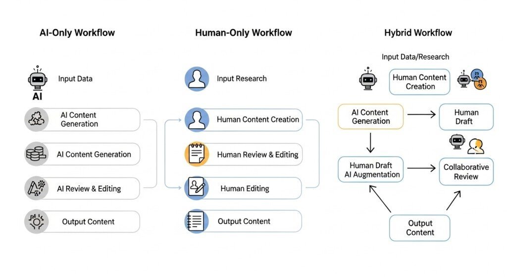 AI-only, human-only, and hybrid content production models